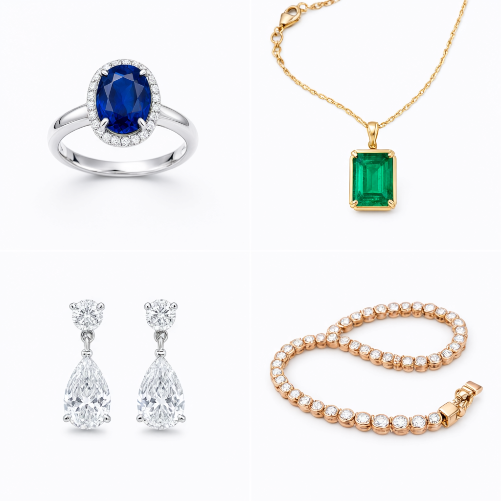 Eine Galerie feinen Schmucks: Saphiring, Smaragd-Anhänger, Diamantohrringe und goldenes Armband