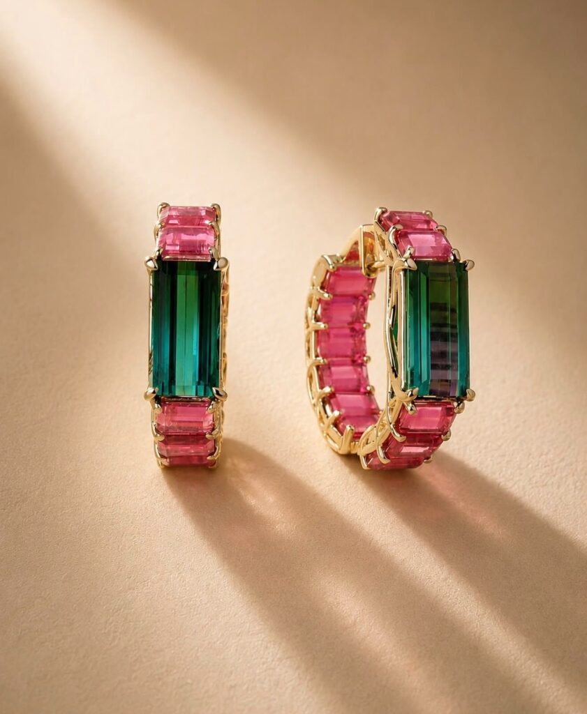 Duality _Green Tourmaline & Rubellite Earrings, 18k Gold