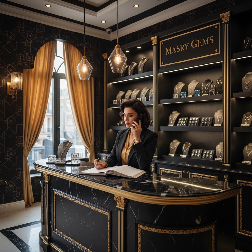 Eine Mitarbeiterin telefoniert hinter einem eleganten schwarzen Marmortresen in einem luxuriösen Juweliergeschäft mit dem Namen Masry Gems.