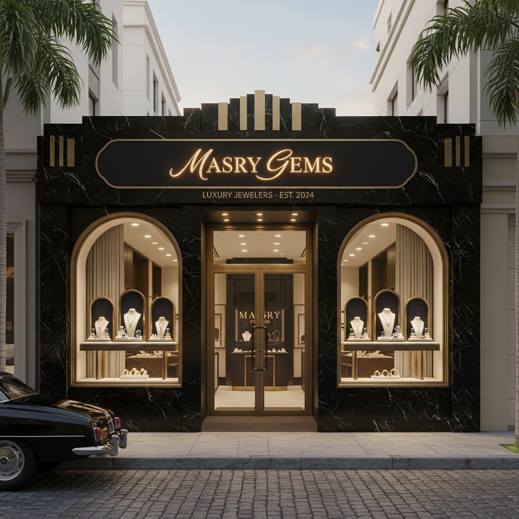 Die elegante Fassade des Juweliergeschäfts Masry Gems mit schwarzem Marmor und goldener Beschriftung in einer belebten Straße.
